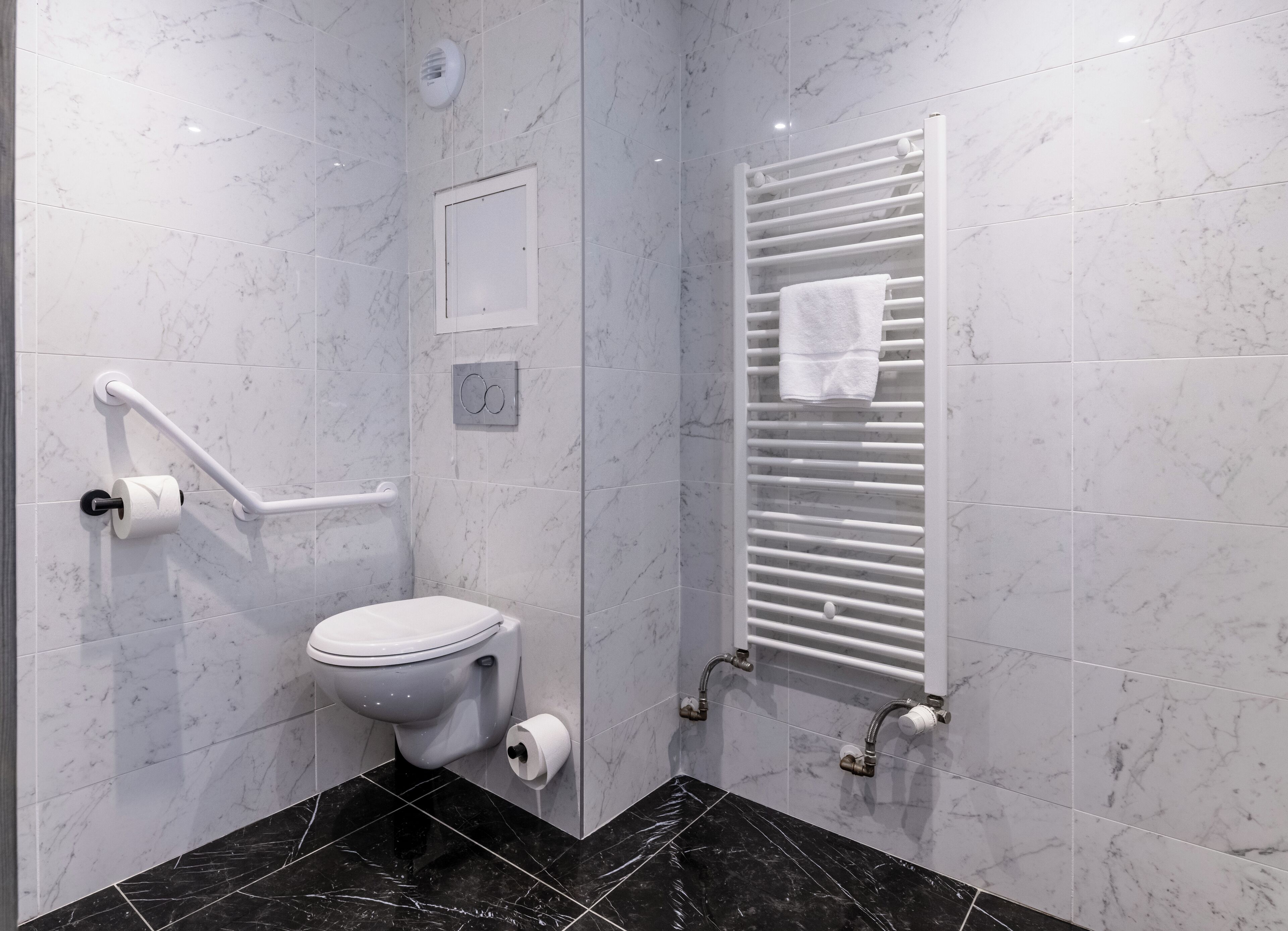 Et moderne badeværelse med toilet, gelænder, et håndklædestativ og et bruseområde.