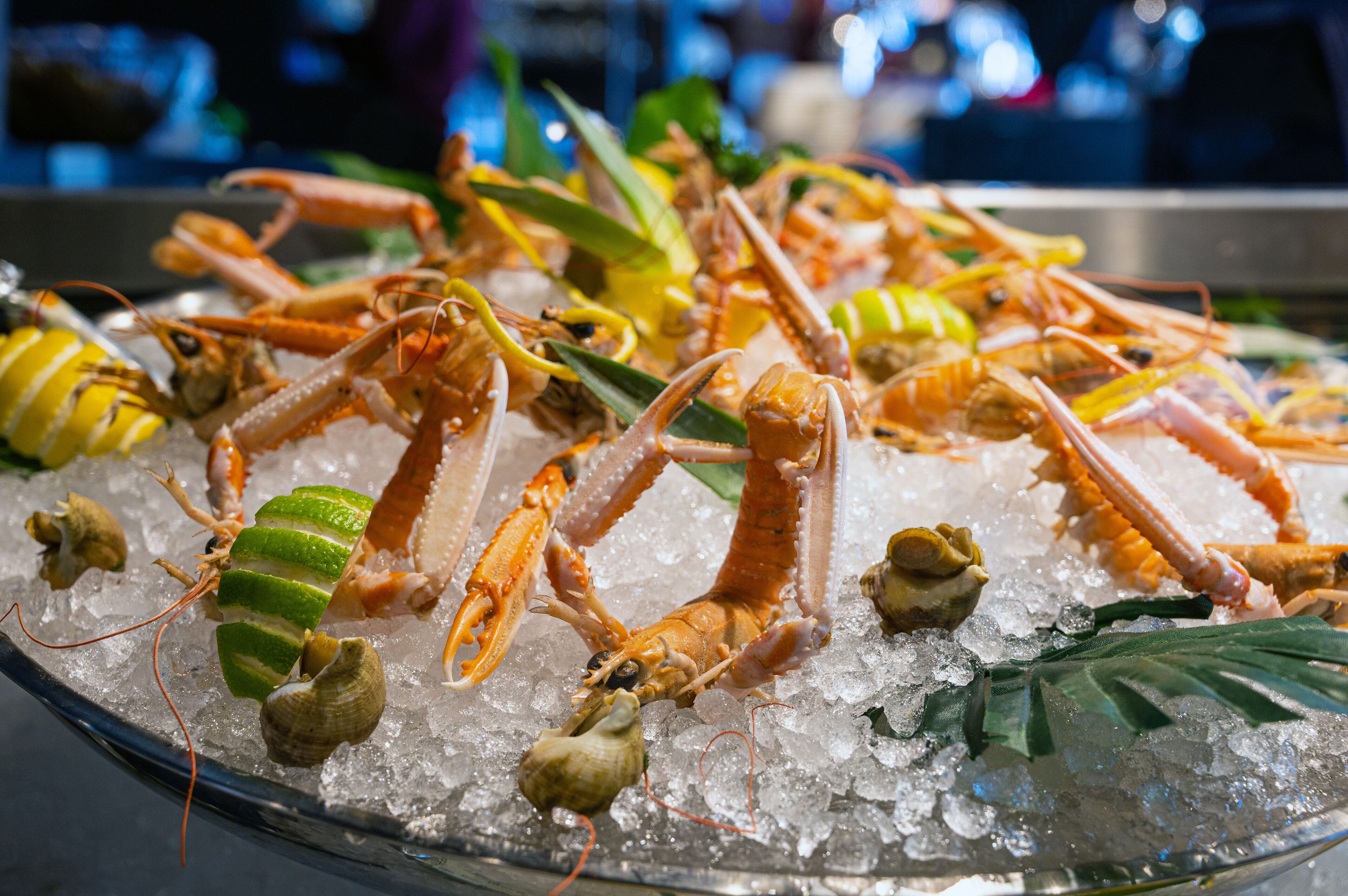 A seafood display with lobsters on ice.