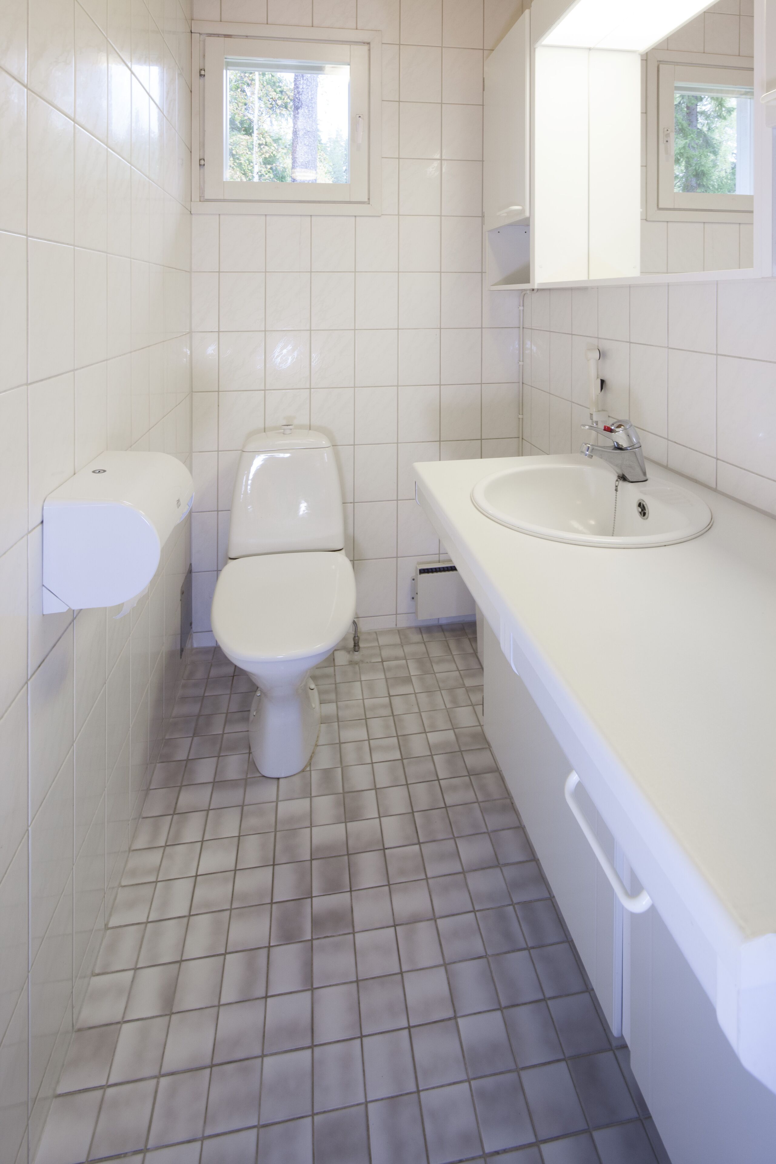 A bathroom with a toilet, sink, and window.