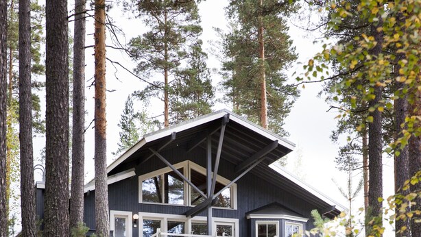 A cabin with a deck, surrounded by trees and a forested area. - Holiday Club Punkaharju (Savonlinna)