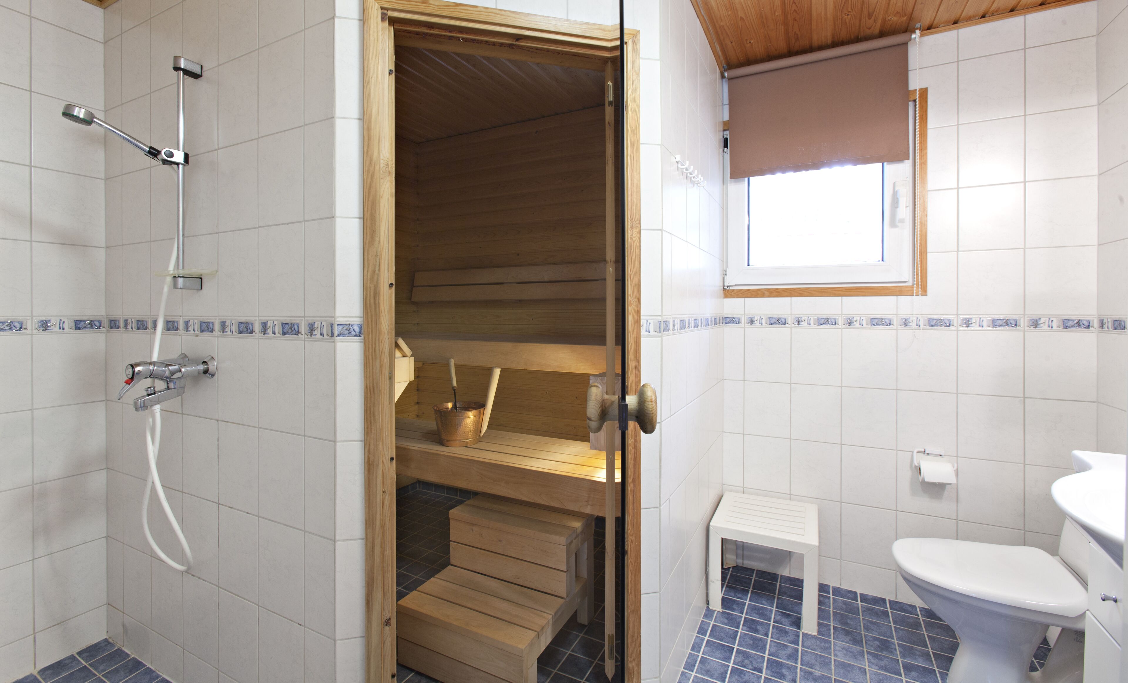 Et badeværelse med bruser, toilet og en træbænk.