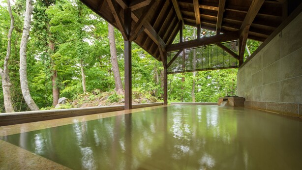 A large indoor pool with a wooden roof and walls, surrounded by lush greenery. - Urabandai Lakeresort Nekomarikyu (Kitashiobara)