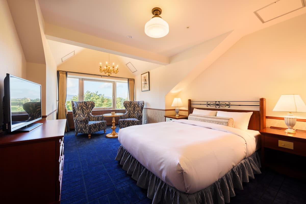 A hotel room with a large bed, a television, a desk, and a view of the outdoors.