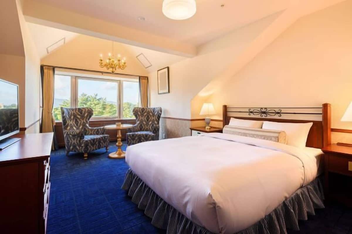 A hotel room with a large bed, two armchairs, a TV, and a view of the outdoors.