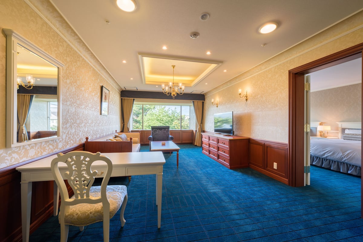 A hotel room with a large bed, a desk, a chair, a television, and a view of the outdoors.