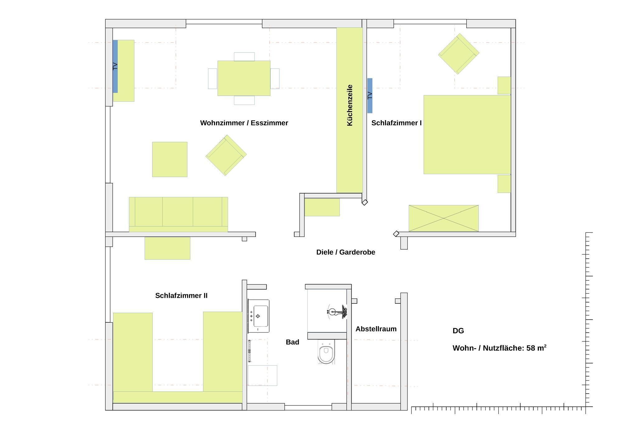 A floor plan of a hotel with labeled rooms including a living room, kitchen, two bedrooms, a bathroom, and a dining area.