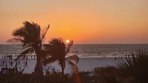 Une scène de plage avec des palmiers, un coucher de soleil et des personnes se promenant le long du rivage.