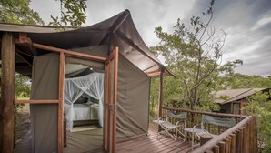 Alojamiento con tienda de campaña, terraza de madera, cama con mosquitero y vistas a los árboles circundantes.