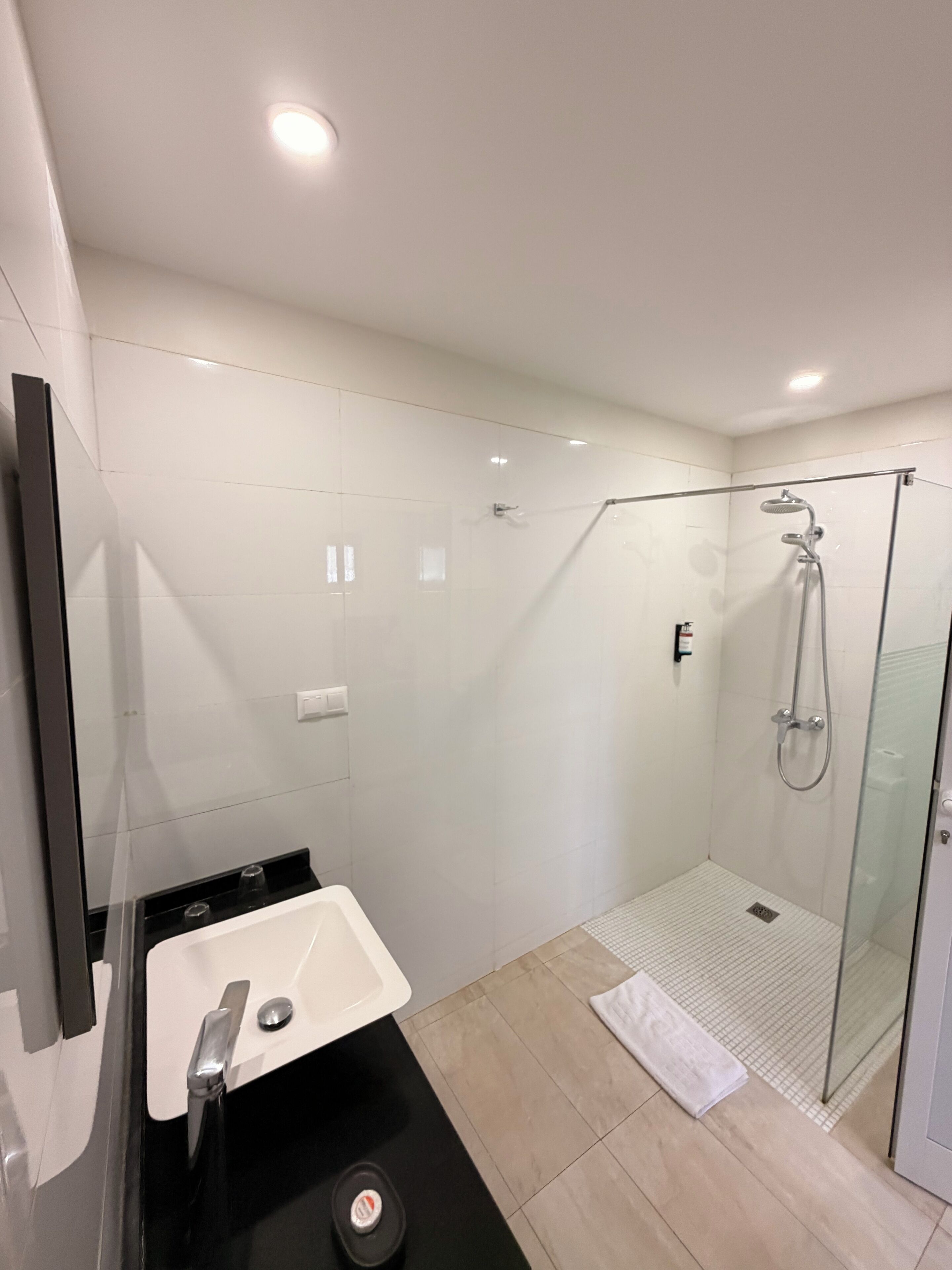 Un bany modern amb dutxa de vidre, un lavabo blanc i un mirall.