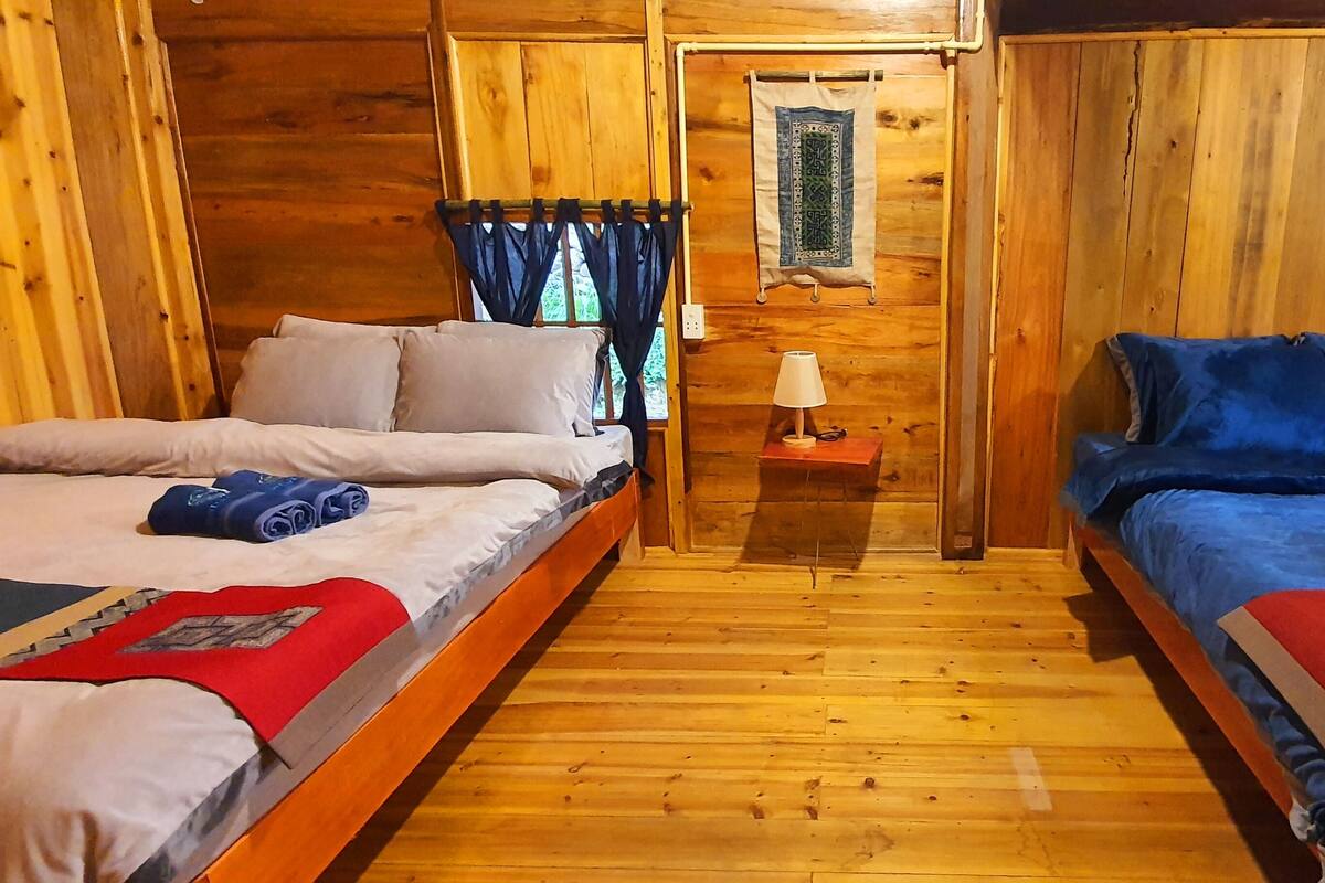 A wooden cabin room with two beds, each with a different colored bedspread, a small table with a lamp, and a window with curtains.