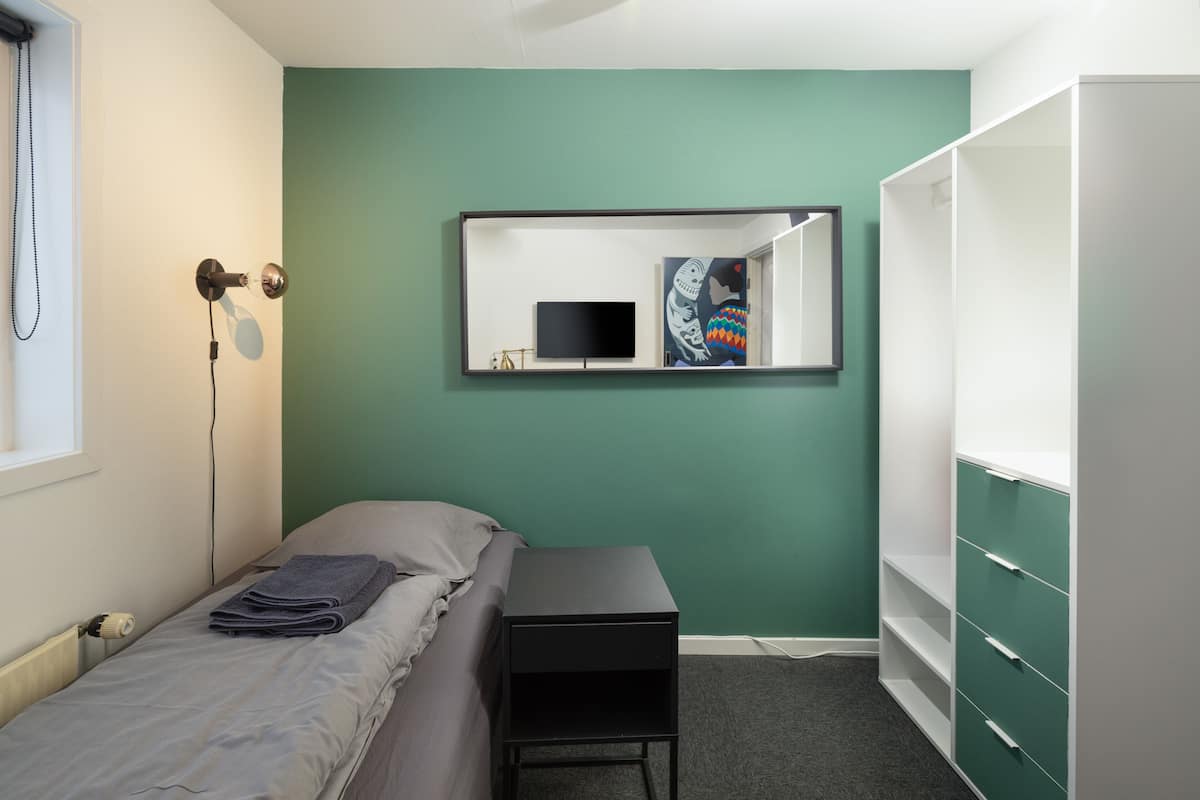 A bedroom with a bed, a bedside table, a TV, a wardrobe, and a mirror.