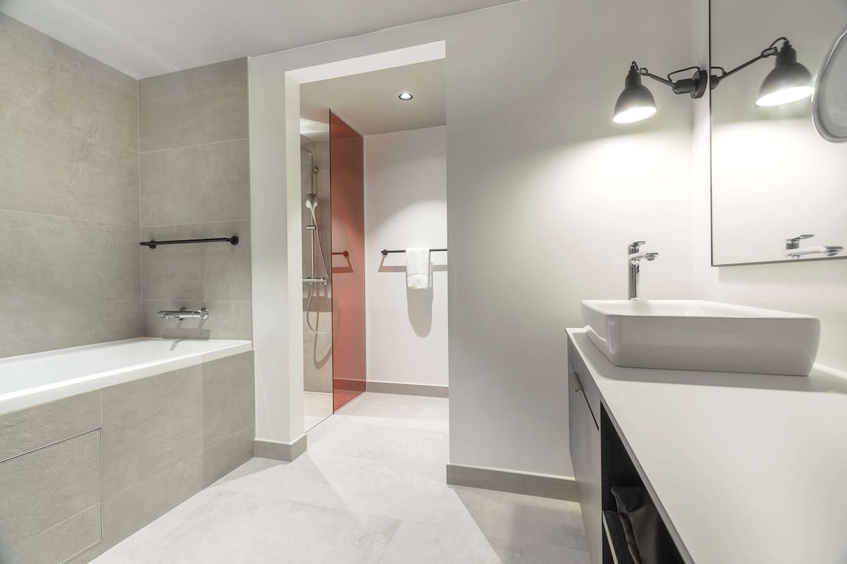 eco-friendly toiletries, hair dryer, towels, soap