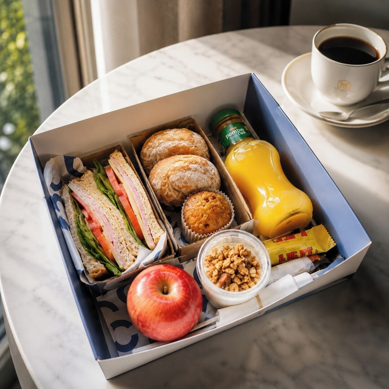 Un plateau de petit-déjeuner avec des sandwichs, des muffins, une bouteille de jus d’orange, un petit récipient de noix, une pomme et une tasse de café, le tout posé sur une table.