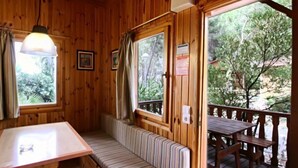 Eine Holzhütte mit Esstisch, Bankbestuhlung und großen Fenstern mit Blick ins Freie.