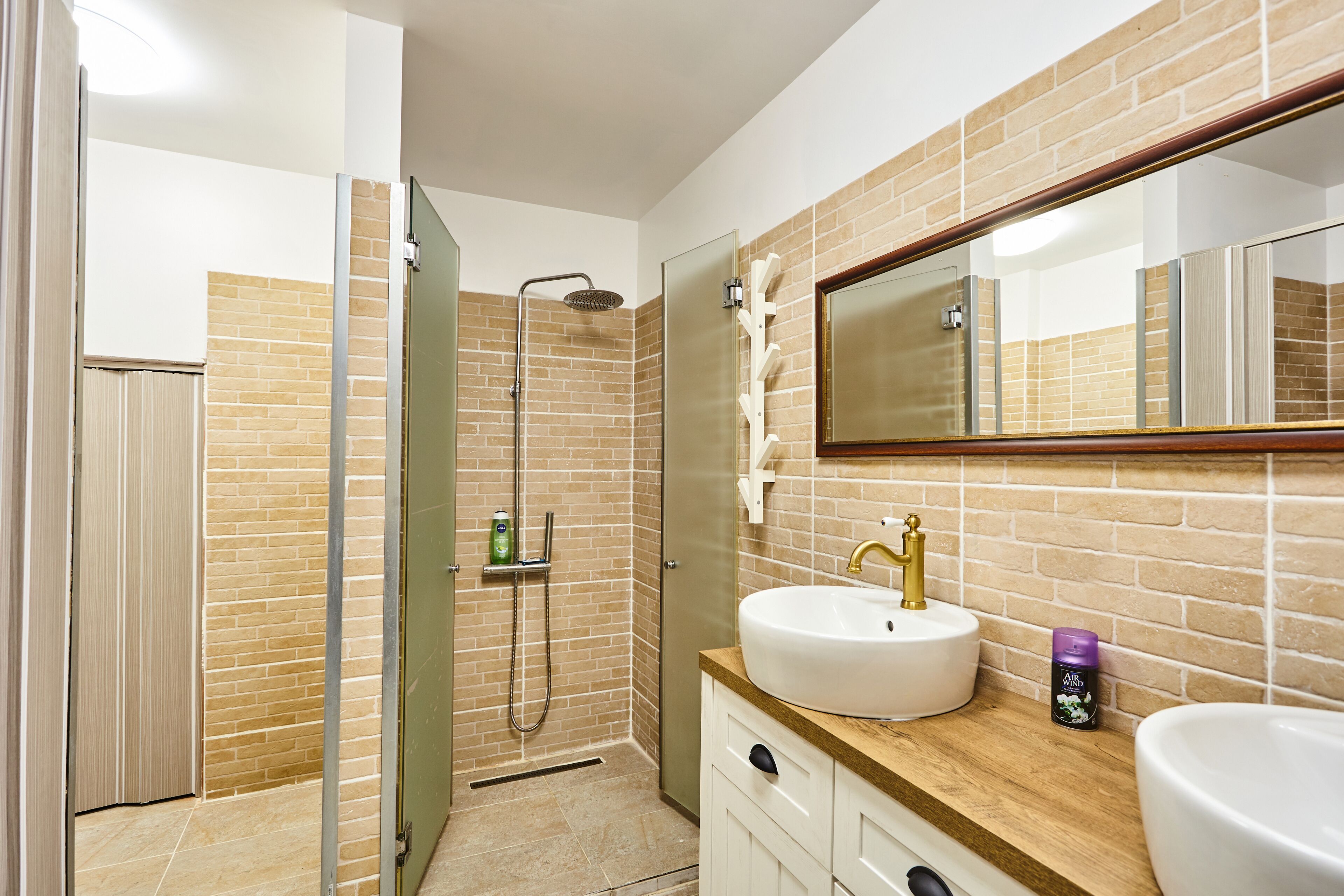 Shower, hair dryer, towels, shampoo