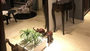 Een moderne woonkamer met een open haard, een bank, een salontafel en decoratieve items, waaronder een giraf- en olifantbeeld.