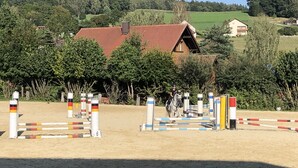 Ein Reitplatz im Freien mit Hindernissen und Sandboden, umgeben von Bäumen und Häusern im Hintergrund.