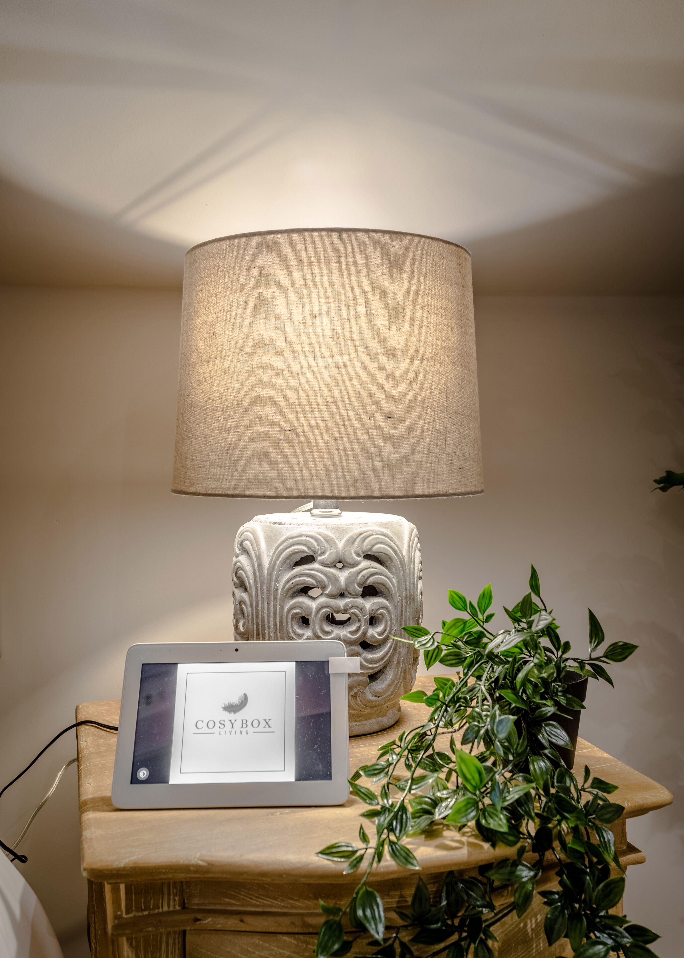 A bedside table with a lamp, a framed sign, and a potted plant.
