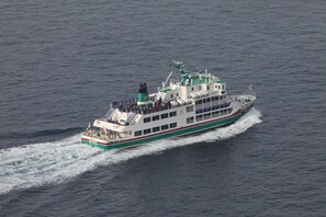A ferry with multiple decks and a green and white color scheme, traveling on water. - Guest House Ichibangai Room 403 / Kitami Hokkaidō (Kitami)