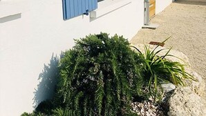 A white building with blue shutters, a small window, and a garden with green shrubs and a palm plant. - LA MAISONNETTE, Gîte 5. Clos des Aigrettes, 30m from La Cotinière Port (ST PIERRE D'OLERON)