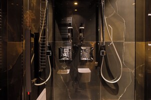 A modern bathroom with a glass enclosure, a shower, and a toilet.