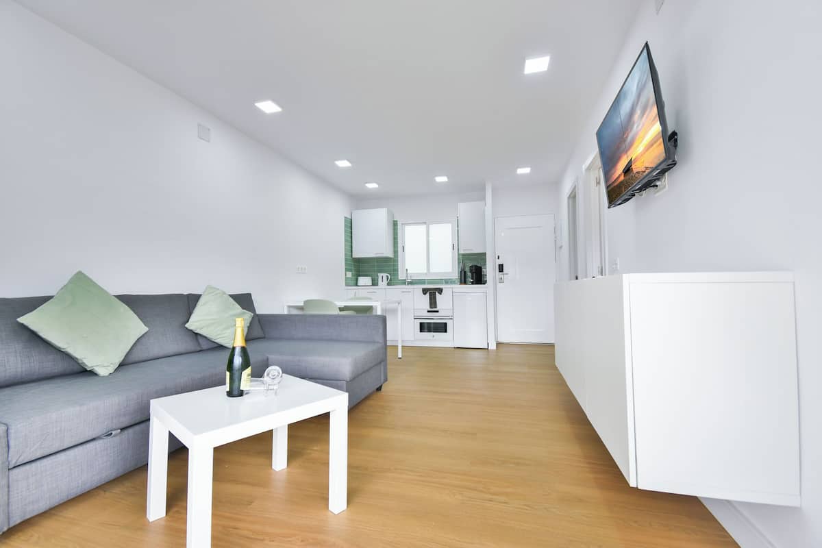 Een 42-inch flatscreentelevisie met satellietzenders en een televisie