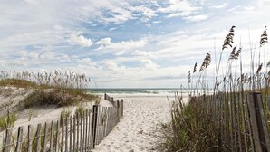 A sandy beach path leading to the ocean, flanked by wooden fences and tall grasses.