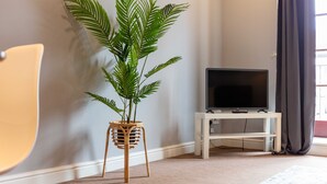 A room with a large potted plant, a television on a white stand, and a beige carpet. - Elliot Suite No3 - Donnini Apartments (Ayr)