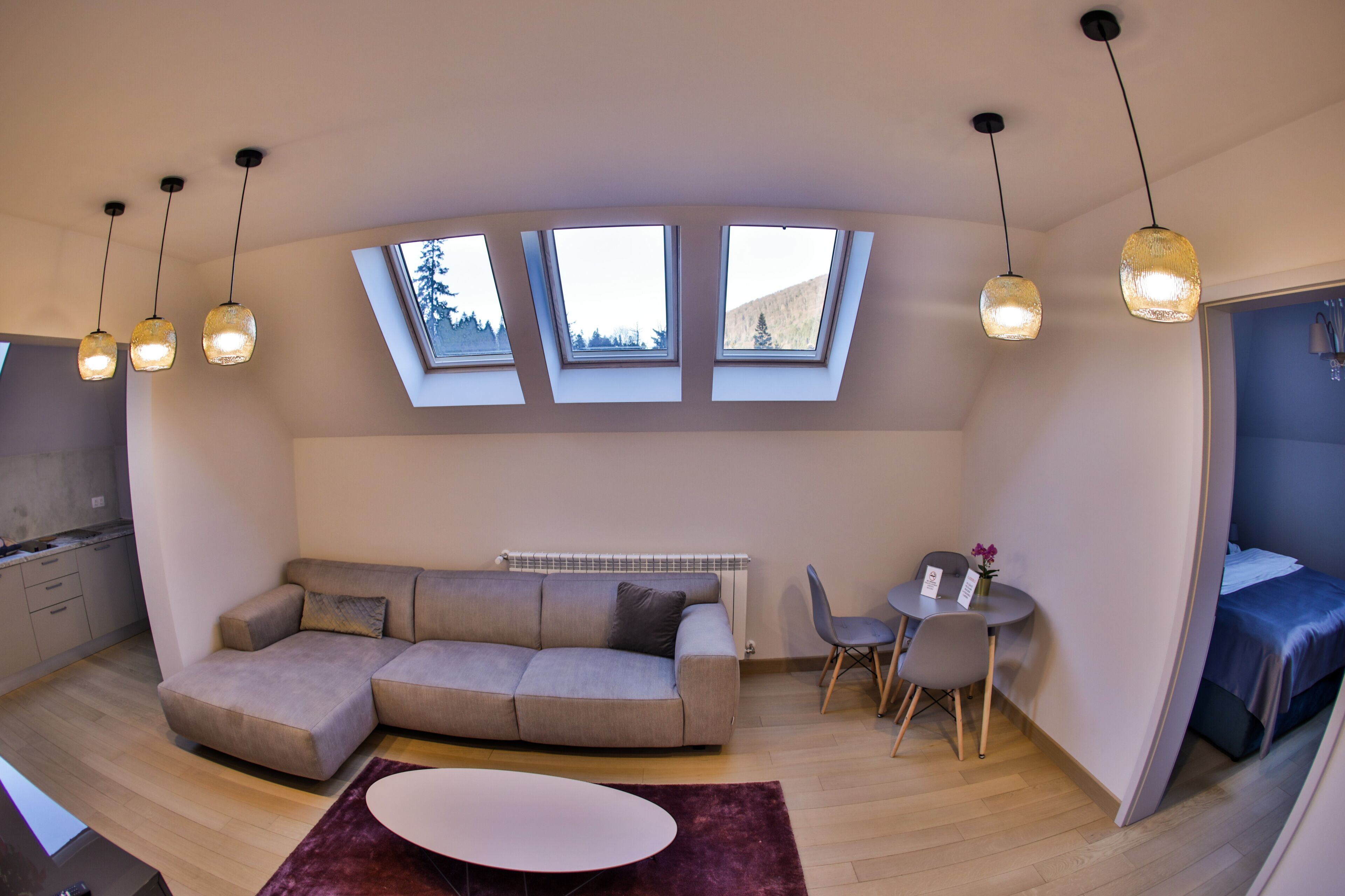 Un espacio habitable compacto con sofá, mesa de comedor y pequeña cocina. Hay tragaluces sobre el sofá y una cama en la esquina.