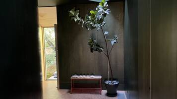 Experience a serene space with a potted plant, geometric skylight, and minimalist decor.