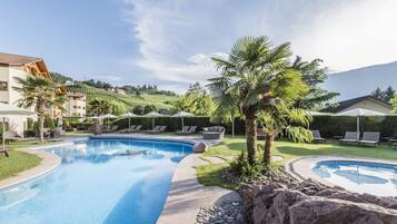 Indoor pool, seasonal outdoor pool, pool umbrellas, pool loungers