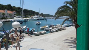 A marina with boats docked, a building with a red-tiled roof, and a palm tree. - LUXURY: VILLA on the SEA, POOL & BEACH BIKE & KAYAK & PRESENT (Rogac)