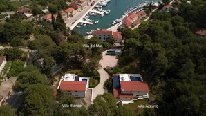 An aerial view of a coastal area with Villa del Mar, Villa Bianco, and Villa Azzurro. - LUXURY: VILLA on the SEA, POOL & BEACH BIKE & KAYAK & PRESENT (Rogac)