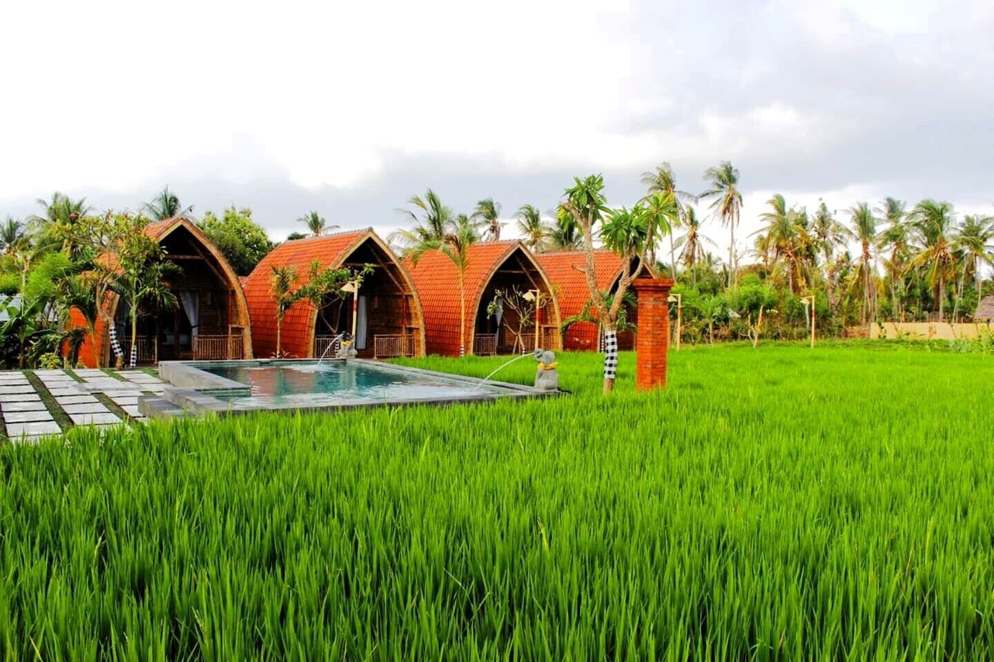 A resort with multiple arched structures, a swimming pool, and lush green fields.