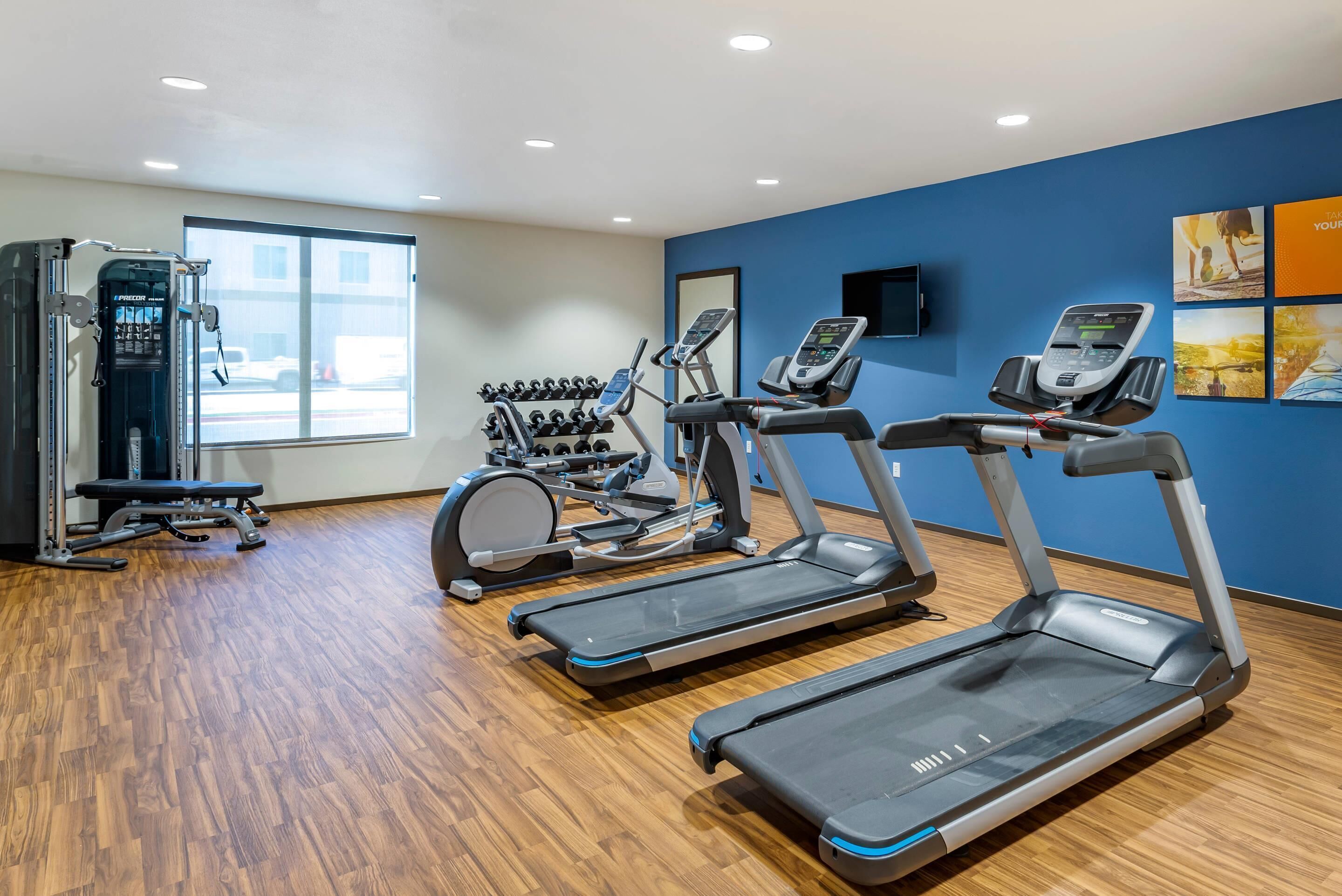 A gym with treadmills, a weight machine, and dumbbells.