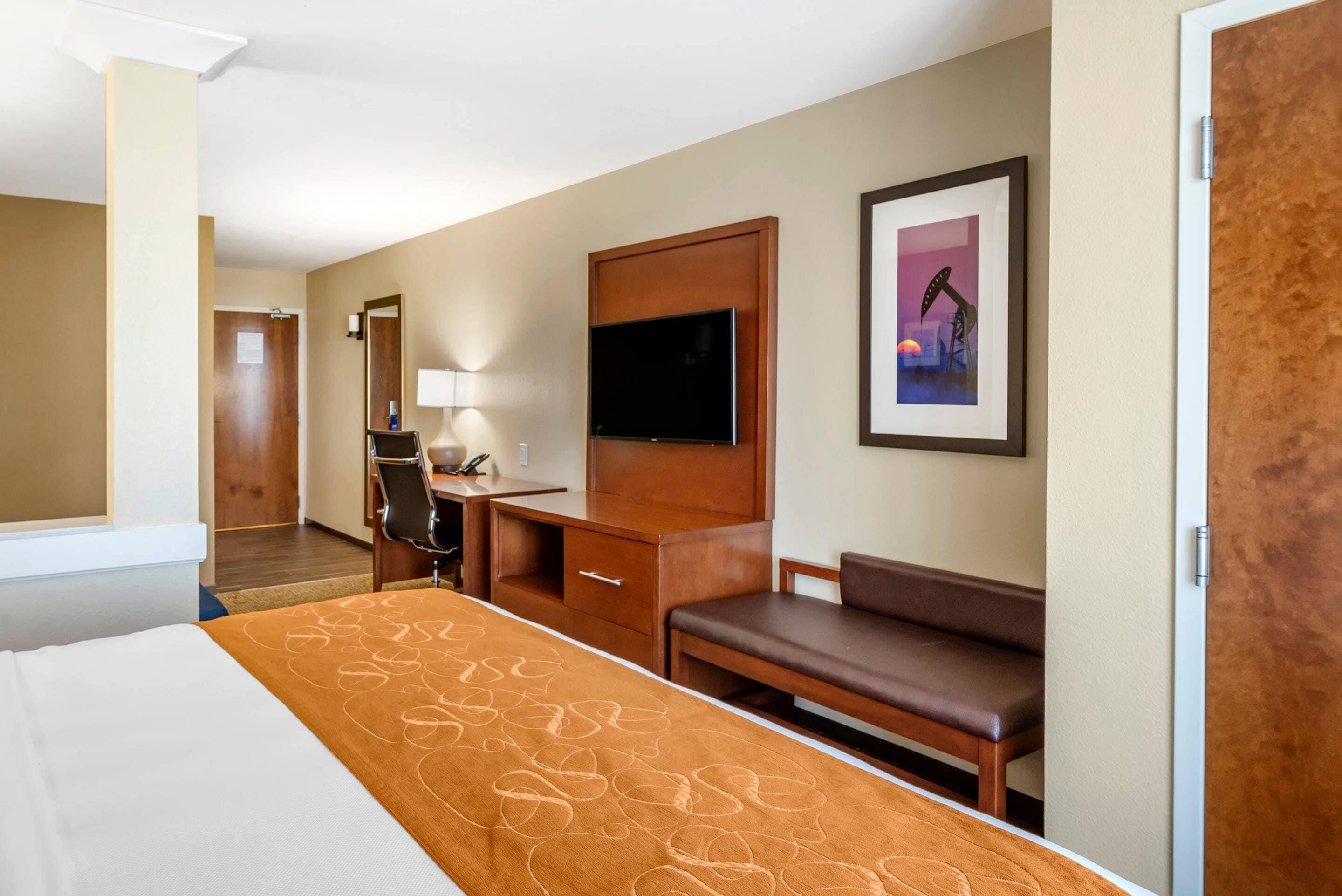 A hotel room with a bed, a desk, a chair, a TV, and a framed picture on the wall.