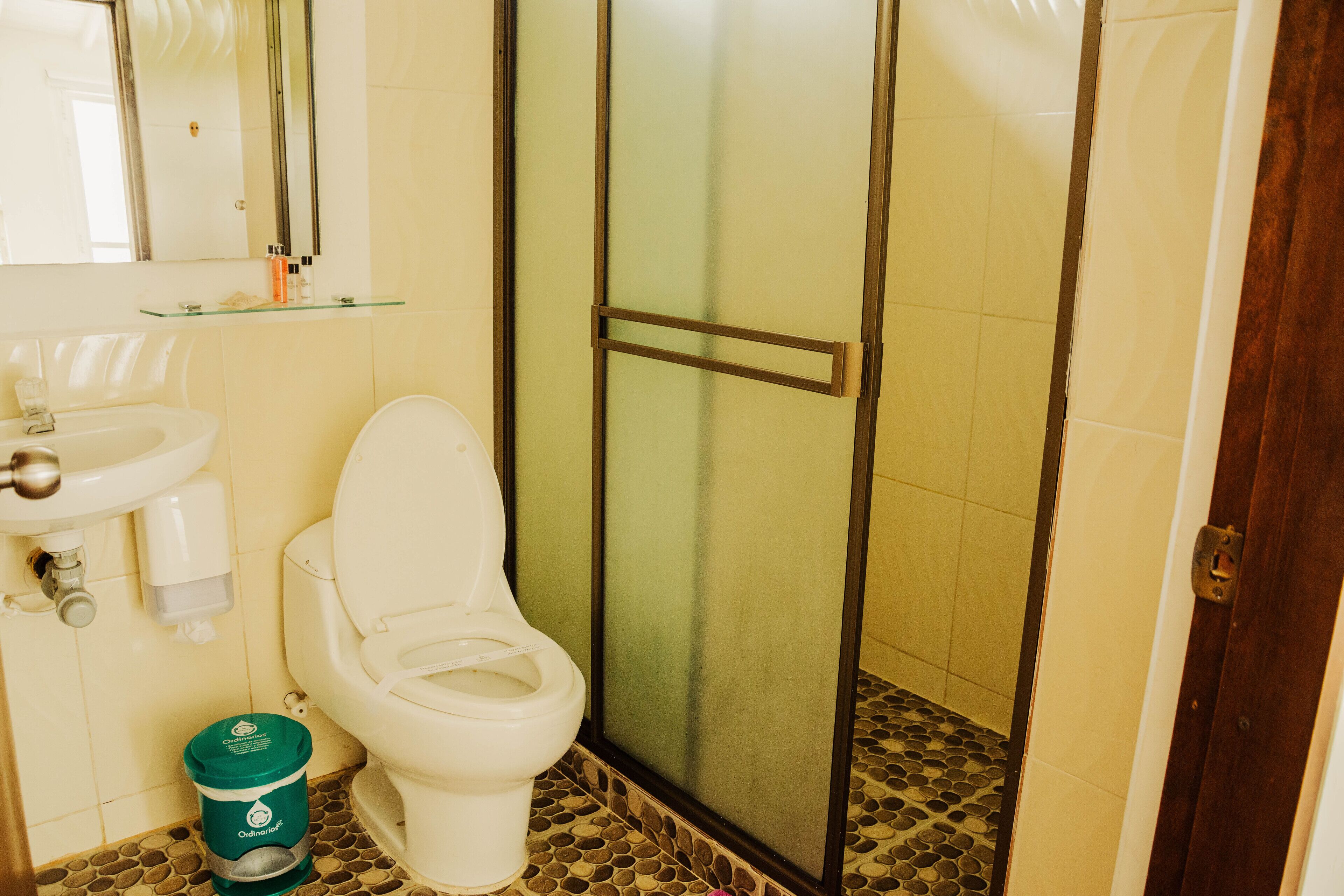 A bathroom with a toilet, sink, and a glass shower enclosure.