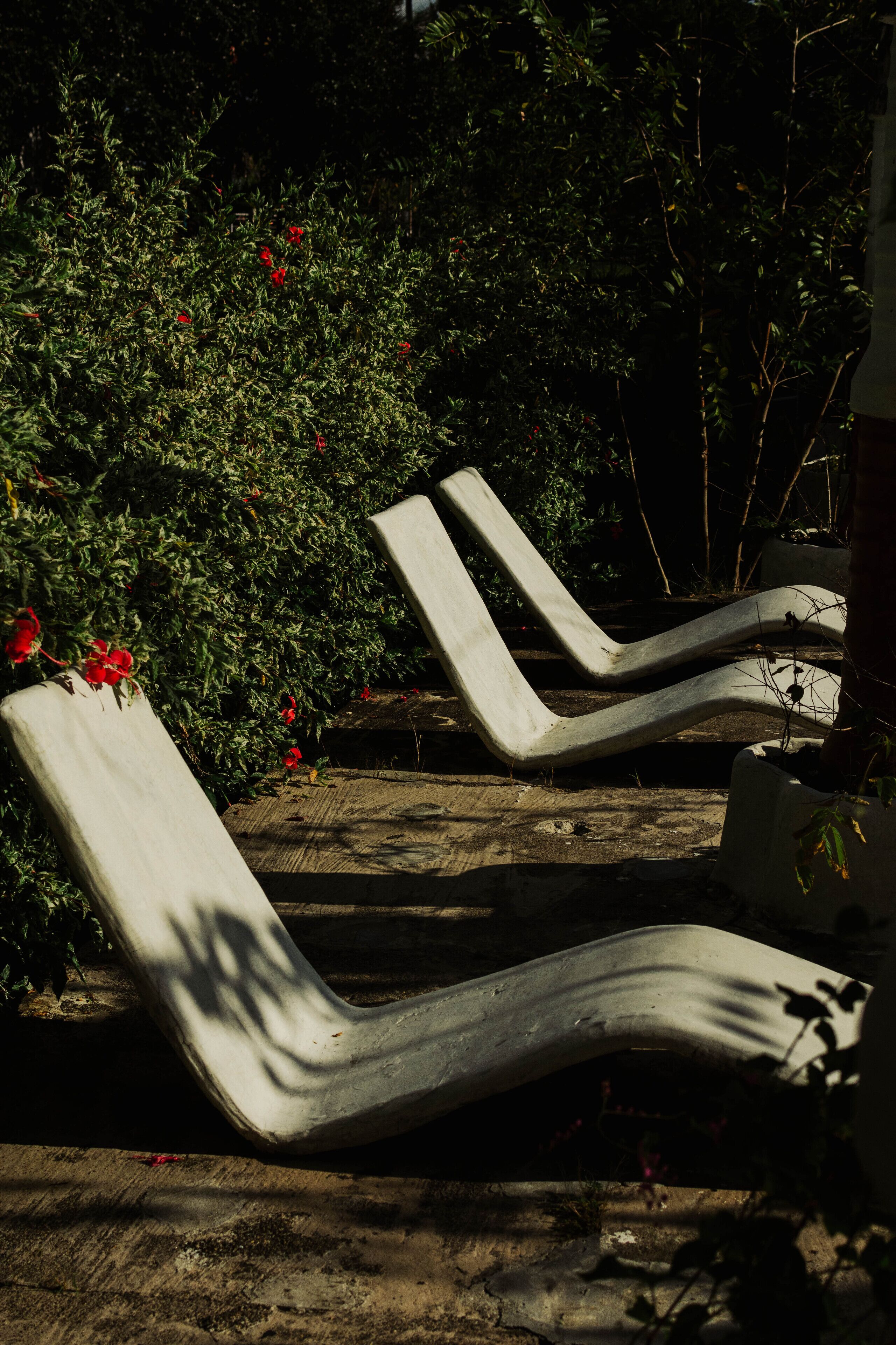 Three concrete lounge chairs positioned outdoors, surrounded by dense foliage and red flowers.