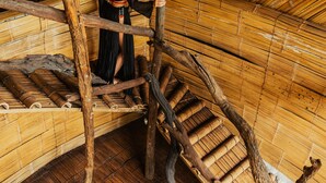 Interior rústico de madeira com teto inclinado e escada de madeira.