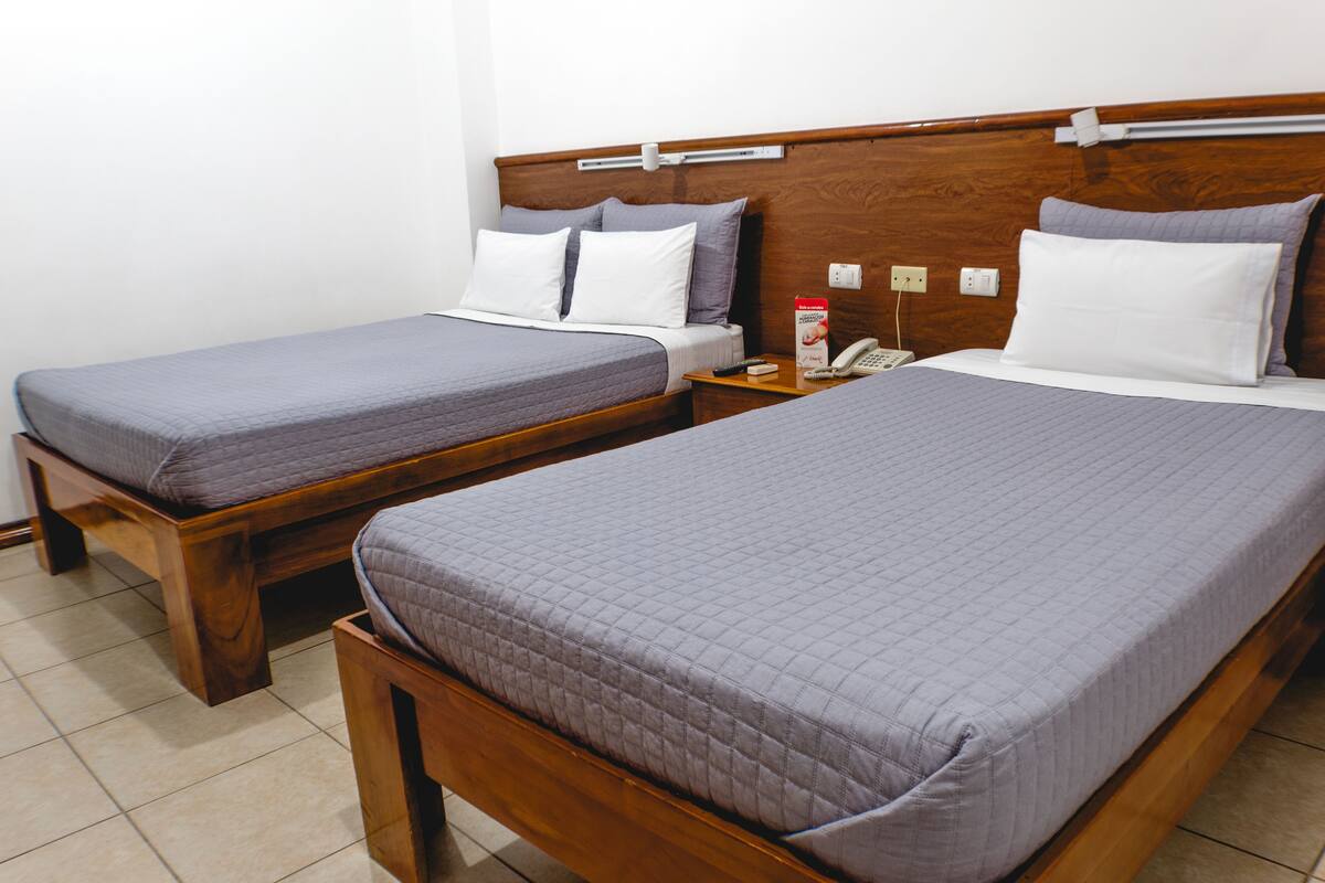 Two single beds with wooden frames and grey bedding, a bedside table with a phone and a box of tissues, and a wooden headboard with a light fixture.