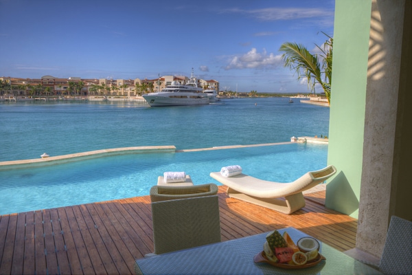 Private wooden deck with access to pool