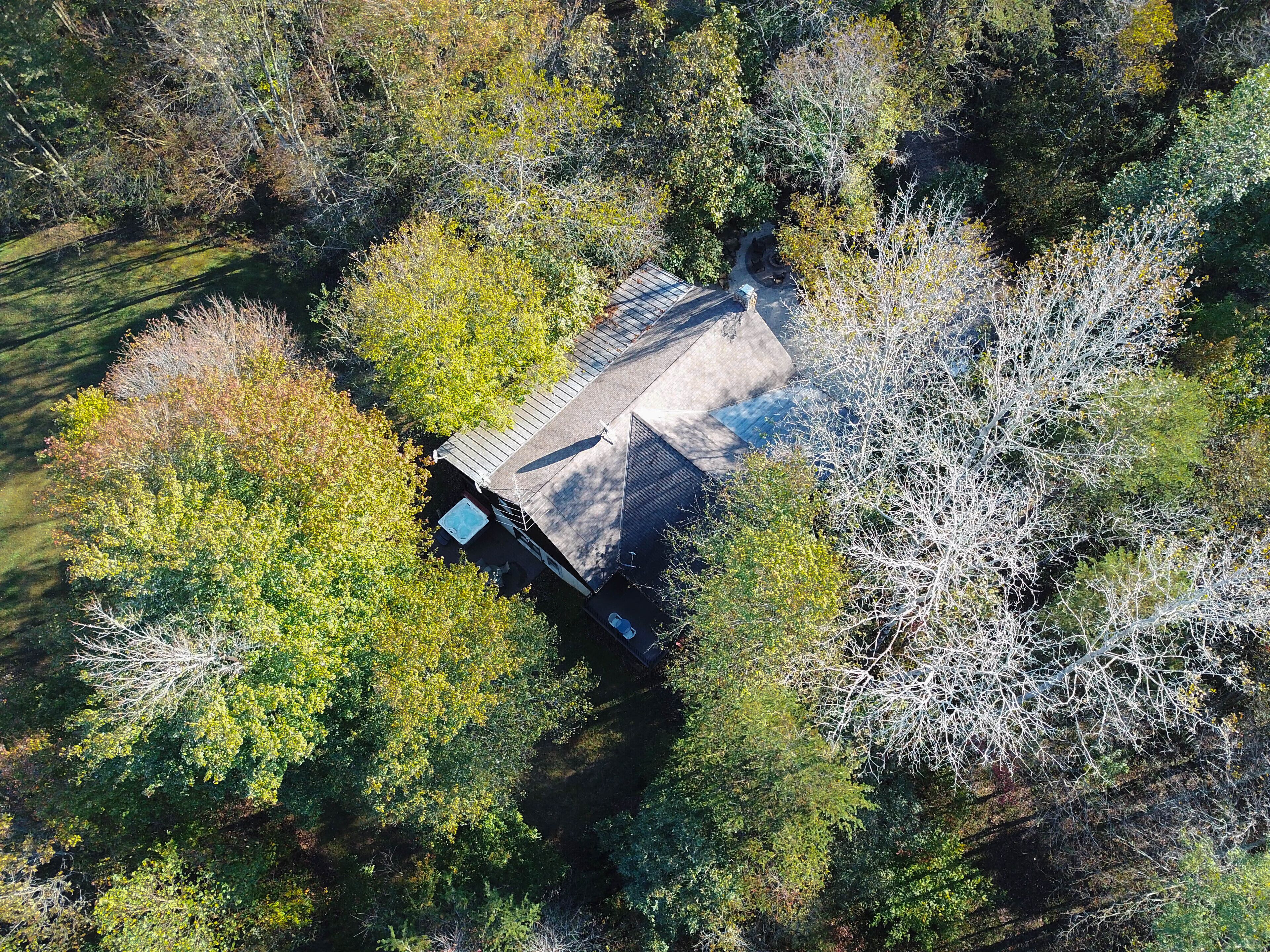 Vue aérienne d’une maison entourée d’une forêt dense.