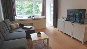A modern living room with a grey sofa, a small white table with a plant, a television on a white cabinet, and a window with curtains. - Central location, close to the train station and the fjord, bus stops nearby (Kiel)