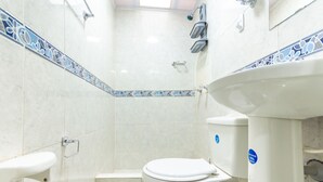 Une salle de bain avec des toilettes, un lavabo et une douche.