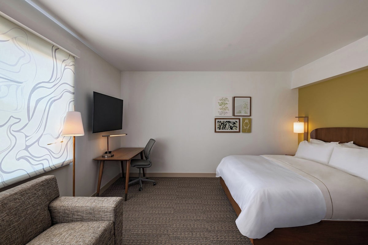 A hotel room with a bed, a desk with a chair, a television, and two wall-mounted lamps.