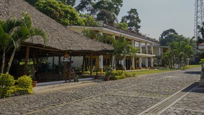 A cobblestone street lined with buildings featuring thatched roofs and potted plants. - Zafra Hotel (San Martín Zapotitlán)