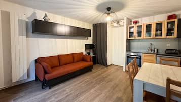 Ett kompakt bostadsutrymme med en soffa, ett matbord, en köksdel och en taklampa.