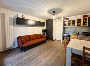 Un espace de vie compact comprenant un canapé, une table à manger, un coin cuisine et un luminaire fixé au plafond.