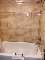 Bañera con ducha, secador de pelo, toallas