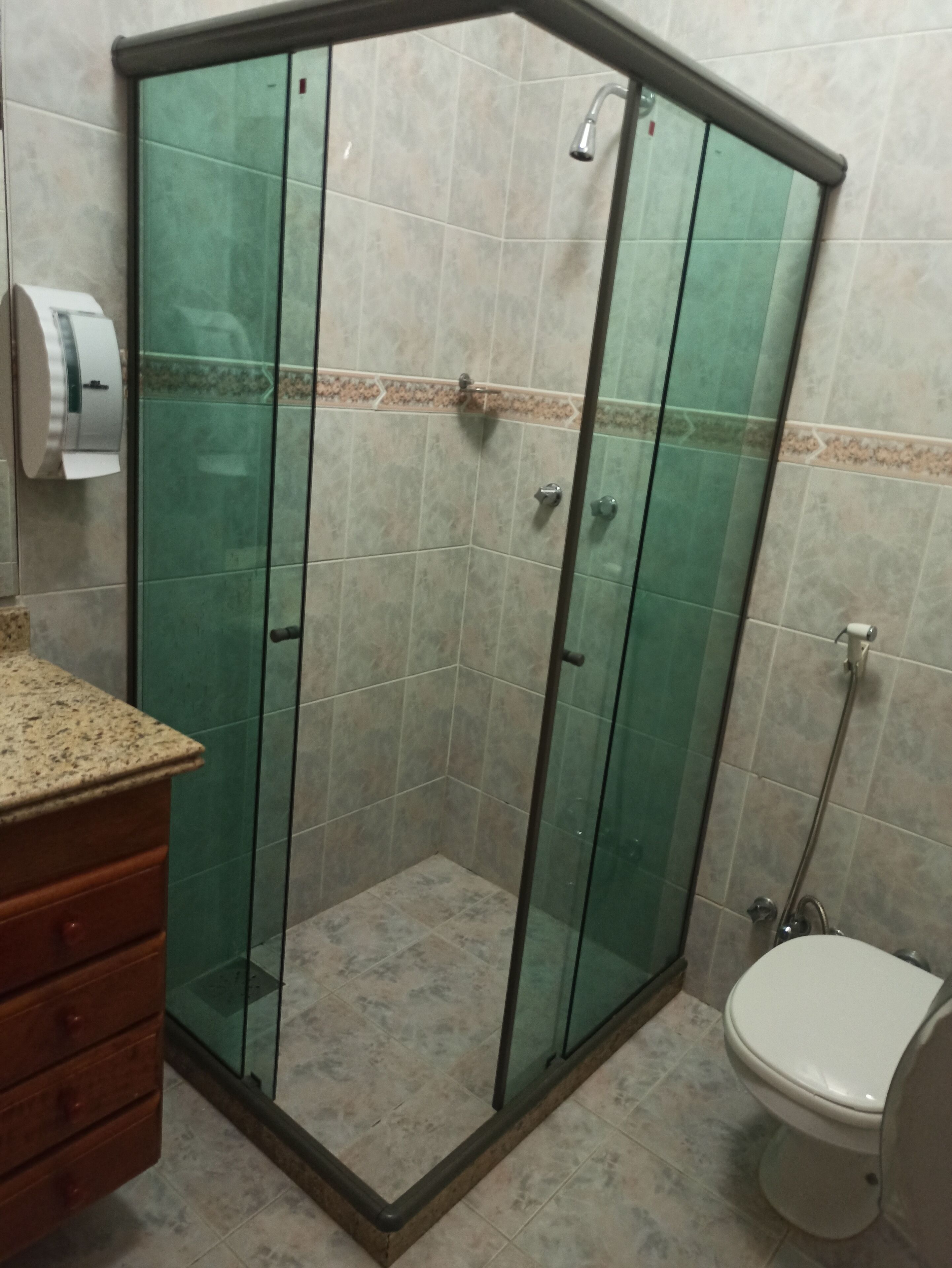 Un baño en esquina con ducha separada por vidrio, inodoro y mueble de madera.